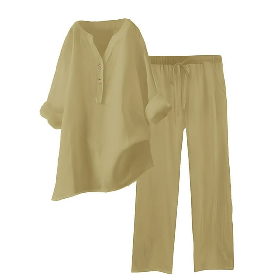 2 Piece Sets for Women Fall Plus Size Two Piece Solid Color Cotton And Linen Loose Casual Suit