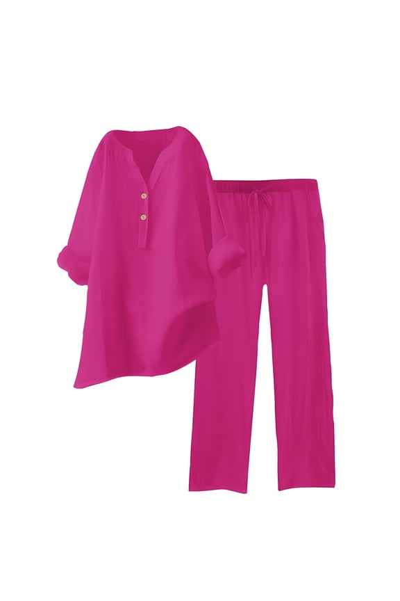 2 Piece Sets for Women Fall Plus Size Two Piece Solid Color Cotton And Linen Loose Casual Suit