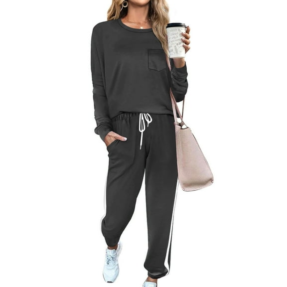 2 Piece Sets for Women Fall Plus Size Two-piece Sets Solid Long Sleeve Round Neck Tops Shirt And Drawstring Long Pants Suit