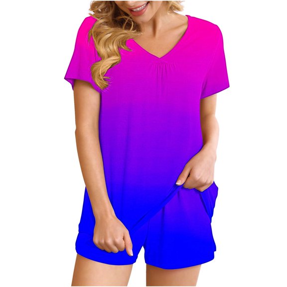 2 Piece Sets for Women Fashion Gradient Casual Home Two-piece V-neck Top With Pocket Shorts Set