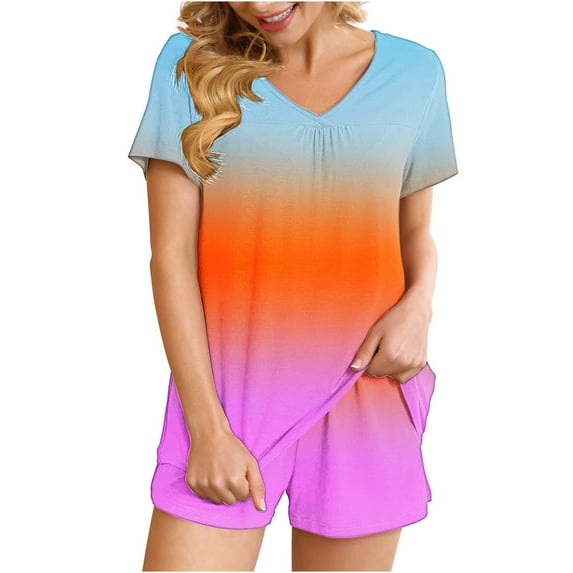 2 Piece Sets for Women Fashion Gradient Casual Home Two-piece V-neck Top With Pocket Shorts Set