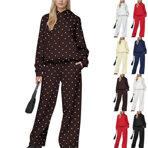 Lounge Sets for Women 2 Piece Polka Dot Set Hoodie and Sweatpants Sets for Women Trendy Oversized Sweat Set with Pockets Brown M