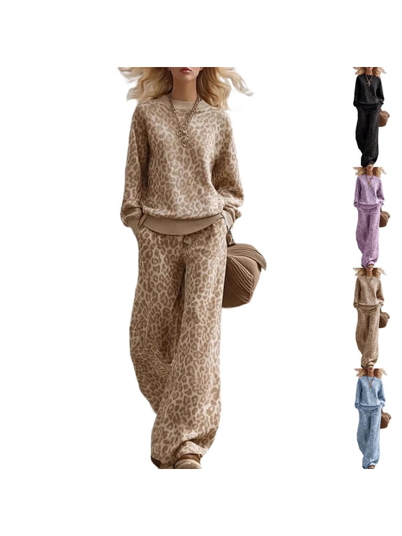 2 Piece Sets for Women Leopard Print Long Sleeve Sweatshirt Wide Leg Lounge Pants Casual Matching Outfits Women Clothing