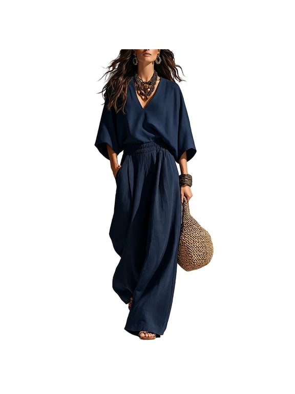 2 Piece Sets for Women Lightweight Vacation Outfits V Neck T Shirts & Wide Leg Pants Comfy Lounge Sets Navy 2XL