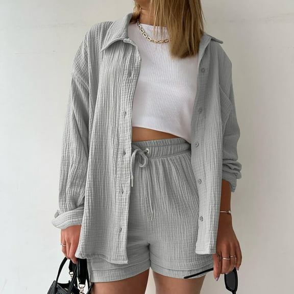 2 Piece Sets for Women Long Sleeve Button Down Shirts and Shorts Casual Lounge Set Sweatsuits Summer Cotton Tracksuit (Gray S）