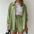 thumbnail image 1 of 2 Piece Sets for Women Long Sleeve Button Down Shirts and Shorts Casual Lounge Set Sweatsuits Summer Cotton Tracksuit (Green S）, 1 of 5