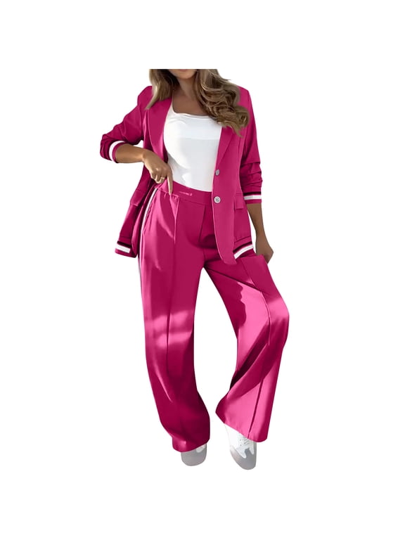 2 Piece Sets for Women Long Sleeve Single Breasted Button Blazer Jacket Sports Coat and Wide Leg Pant Fall Outfits (M, Purple)