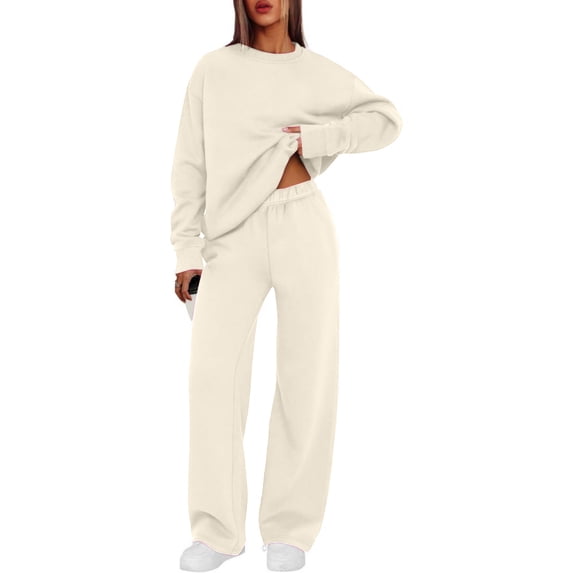 TOMVIGX 2 Piece Sets for Women Loose Fit Lounge Sets Fashion Vacation Outfits Long Sleeve Sweatshirt Straight Wide Leg Pants with Pockets Beige L