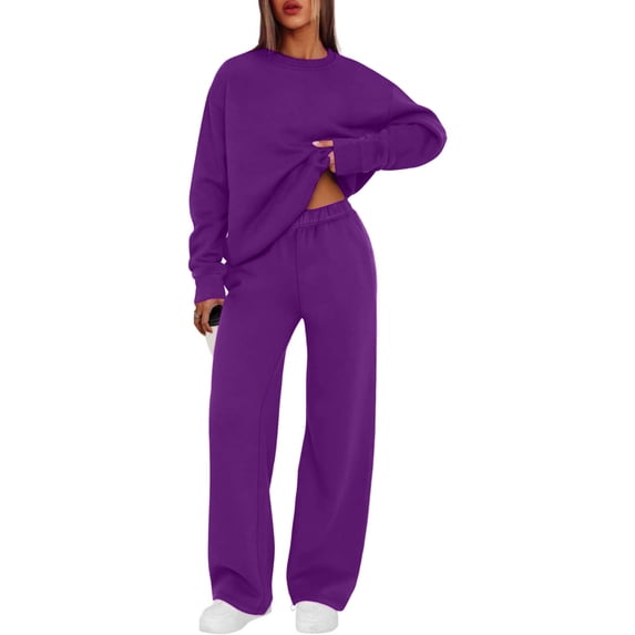 TOMVIGX 2 Piece Sets for Women Loose Fit Loungewear Sets Fall Fashion 2026 Vacation Outfits Long Sleeve Sweatshirt Wide Straight Leg Sweatpants with Pockets Purple M