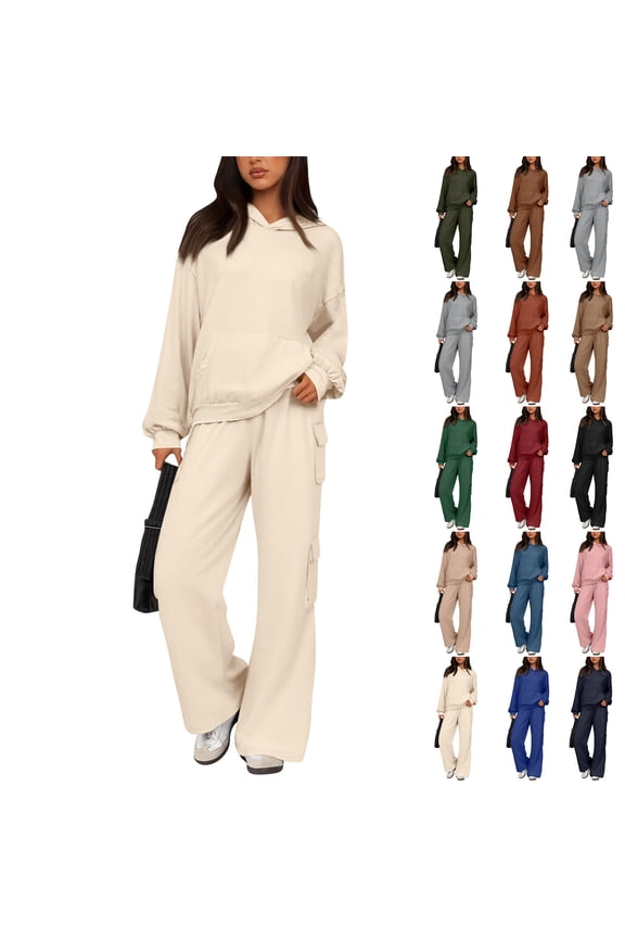 2 Piece Sets for Women Lounge Hoodie Sweatsuit Sets Long Sleeve Sweatshirt Cargo Pants Matching Set Travel Outfits Light Brown S
