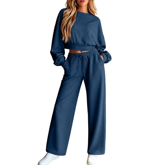 2 Piece Sets for Women Lounge Sets Long Sleeve Tops Sweatshirt Wide Leg Pants Fall Casual Vacation Travel Outfits with Pockets