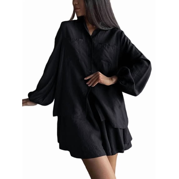 2 Piece Sets for Women Matching Two Piece Fashion Oversized Shirts and Shorts Spring Outfit Black XL