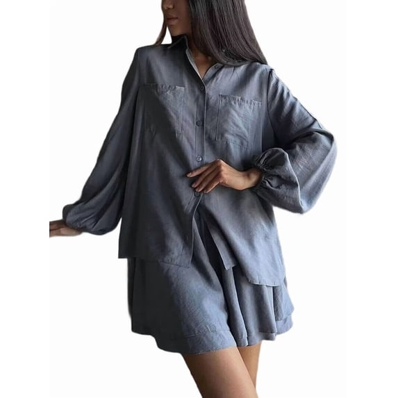 2 Piece Sets for Women Matching Two Piece Fashion Oversized Shirts and Shorts Spring Outfit Gray S