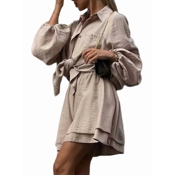 2 Piece Sets for Women Matching Two Piece Fashion Oversized Shirts and Shorts Spring Outfit Khaki L