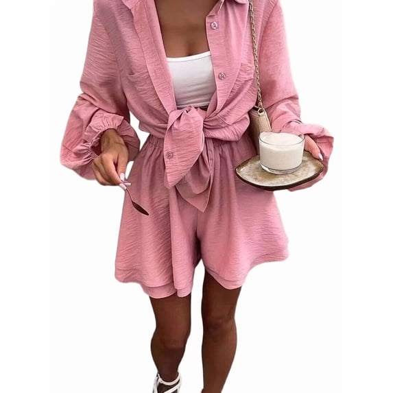 2 Piece Sets for Women Matching Two Piece Fashion Oversized Shirts and Shorts Spring Outfit Pink M