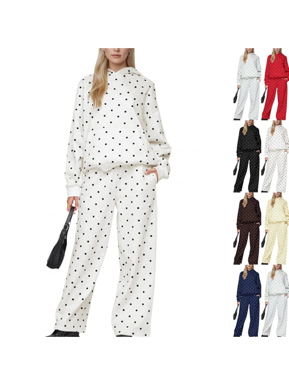 2 Piece Sets for Women Oversized Hoodie and Wide Leg Sweatpants Polka Dot Sweat Set Comfy and Cozy Pullover Casual Lounge Outfit Fall Winter,M,White