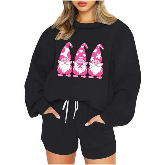 2 Piece Sets for Women Oversized Pullover Sweatshirt and Shorts Women's Graphic Sports Suit Long Sleeve Summer Sweatsuits (Black XL)