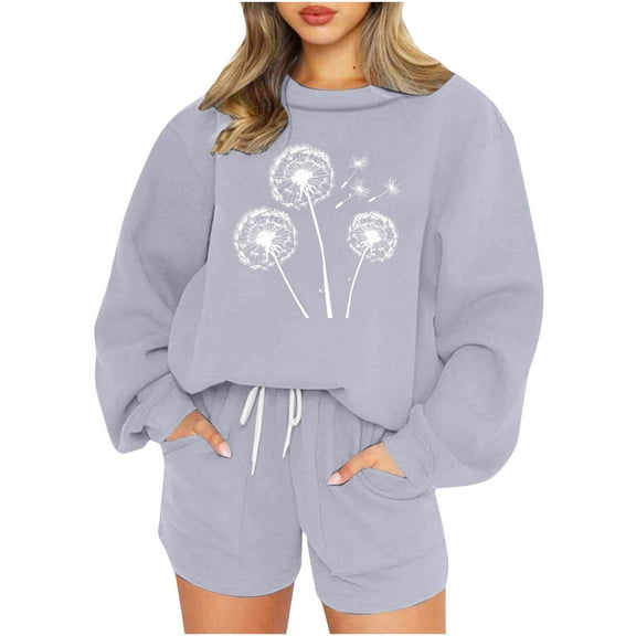 2 Piece Sets for Women Oversized Pullover Sweatshirt and Shorts Women's Graphic Sports Suit Long Sleeve Summer Sweatsuits (Gray S）