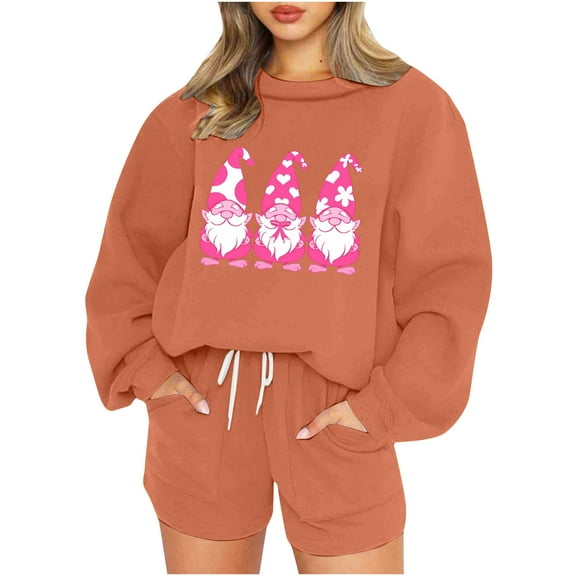 2 Piece Sets for Women Oversized Pullover Sweatshirt and Shorts Women's Graphic Sports Suit Long Sleeve Summer Sweatsuits (Orange M）
