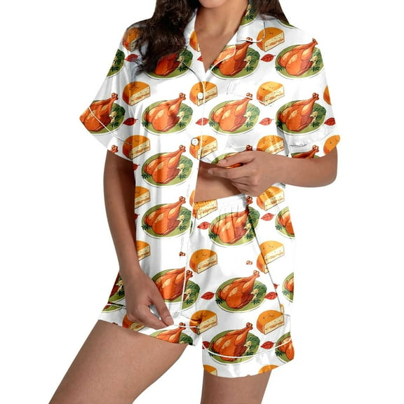 2 Piece Sets for Women â Pajamas for Light Packing and Spa Days Ladies' Thanksgiving Turkey Print Pajama Shorts Set 2024