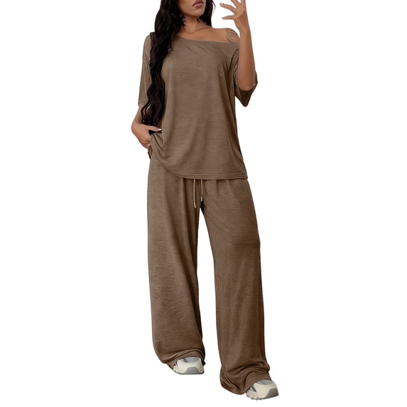 2 Piece Sets for Women Plus Size Going out Round-Neck Short Sleeve And Long Pants Casual 2PC Sets