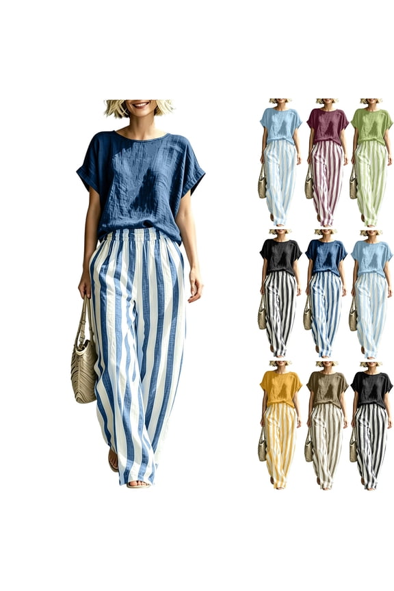 2 Piece Sets for Women Plus Size Going out Round Neck Short Sleeve Pinstripe Pocket Elastic Waist Long Pants Sets