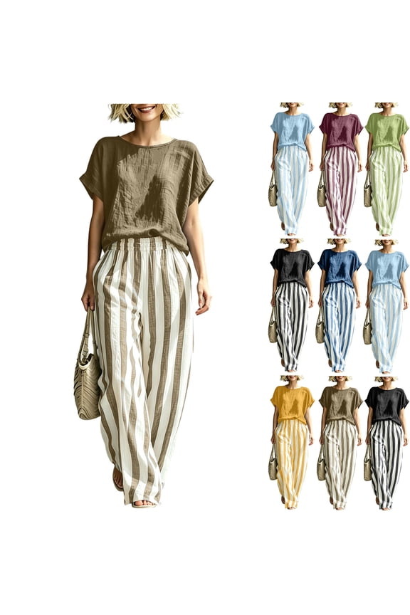2 Piece Sets for Women Plus Size Going out Round Neck Short Sleeve Pinstripe Pocket Elastic Waist Long Pants Sets