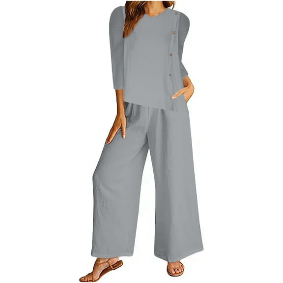 2 Piece Sets for Women Plus Size Solid Color Casual Fashion Loose Crew Neck Short Sleeve And Pants Sets With Pockets