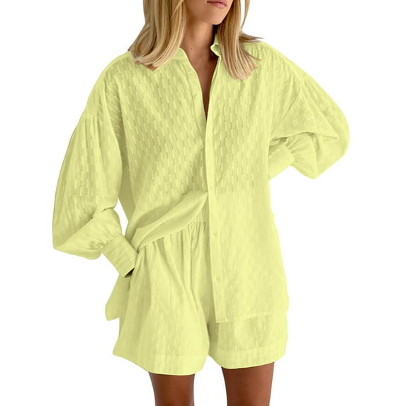 2 Piece Sets for Women Puff Sleeve Long Sleeve Top and Shorts Outfits,Yellow,2XL