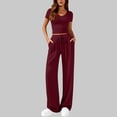 thumbnail image 1 of 2 Piece Sets for Women Ribbed Slim V Neck Crop Tops Matching Straight Leg Ruched Pants Summer Vacation Outfits, 1 of 8