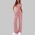 thumbnail image 1 of 2 Piece Sets for Women Ribbed Slim V Neck Crop Tops Matching Straight Leg Ruched Pants Summer Vacation Outfits, 1 of 8