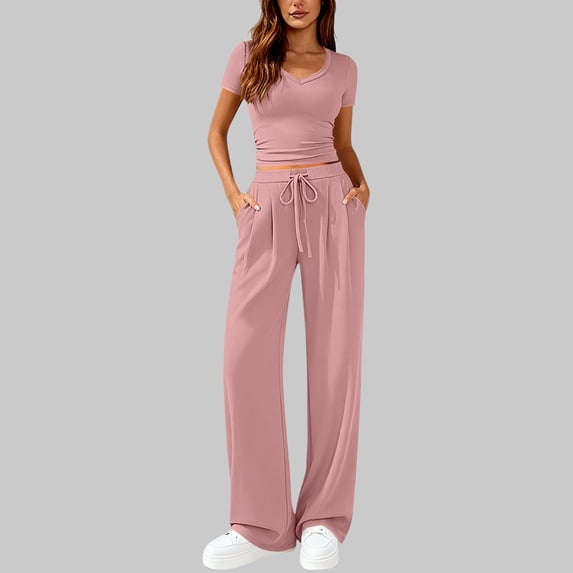 2 Piece Sets for Women Ribbed Slim V Neck Crop Tops Matching Straight Leg Ruched Pants Summer Vacation Outfits