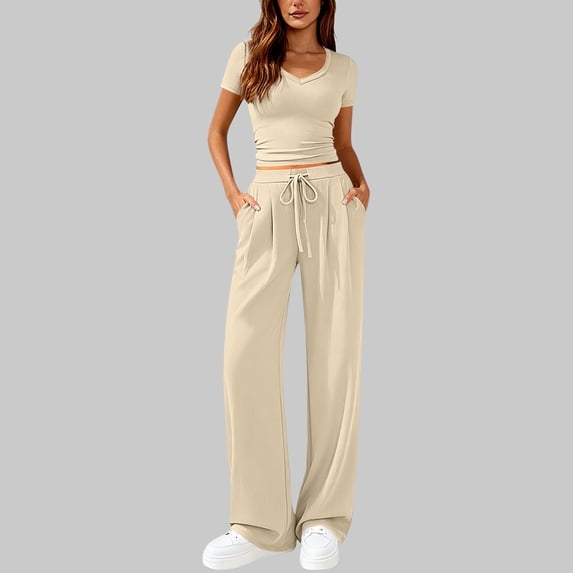 2 Piece Sets for Women Ribbed Slim V Neck Crop Tops Matching Straight Leg Ruched Pants Summer Vacation Outfits