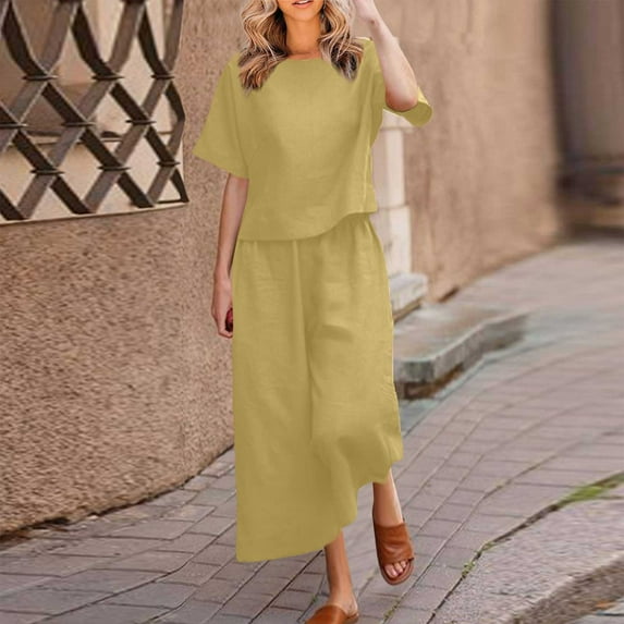 2 Piece Sets for Women Round Neck Short Sleeve Tops Long Pants Casual Suit Sets