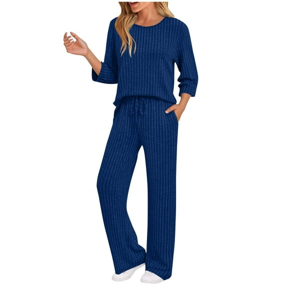 2 Piece Sets for Women Round Neck Solid Color 3/4 Long Sleeve top Pocket Pants Set Plus Size Lounge Sets Winter Blue S