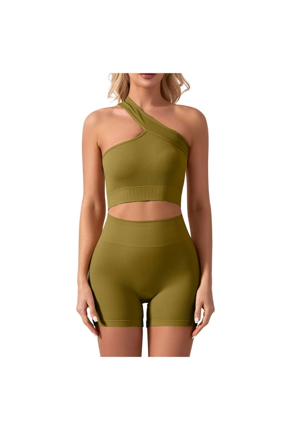 2 Piece Sets for Women Sexy One Shoulder Yoga Tshirts Biker Short Two Piece Lounge Set Matching Clothing Athletic Outfits