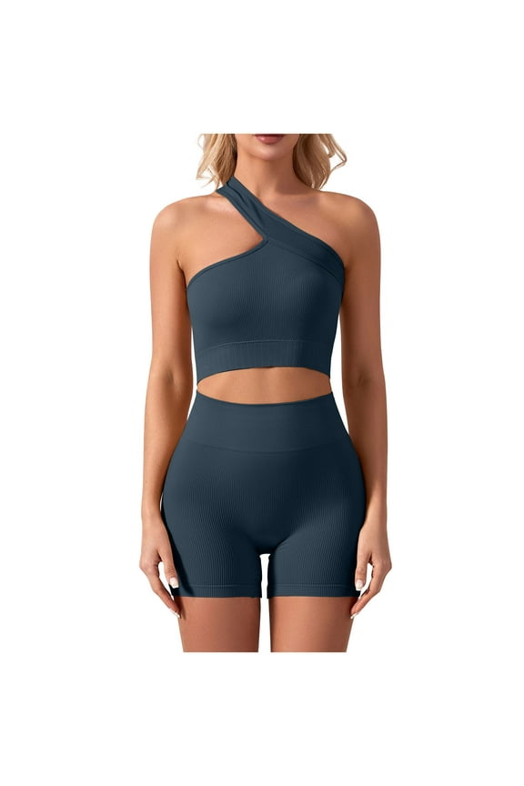 2 Piece Sets for Women Sexy One Shoulder Yoga Tshirts Biker Short Two Piece Lounge Set Matching Clothing Athletic Outfits