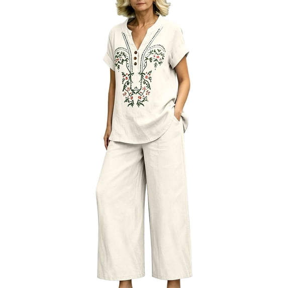 2 Piece Sets for Women Short Sleeve Cotton Linen Embroidered Shirts Wide Leg Capri Pants with Pockets Matching Sets