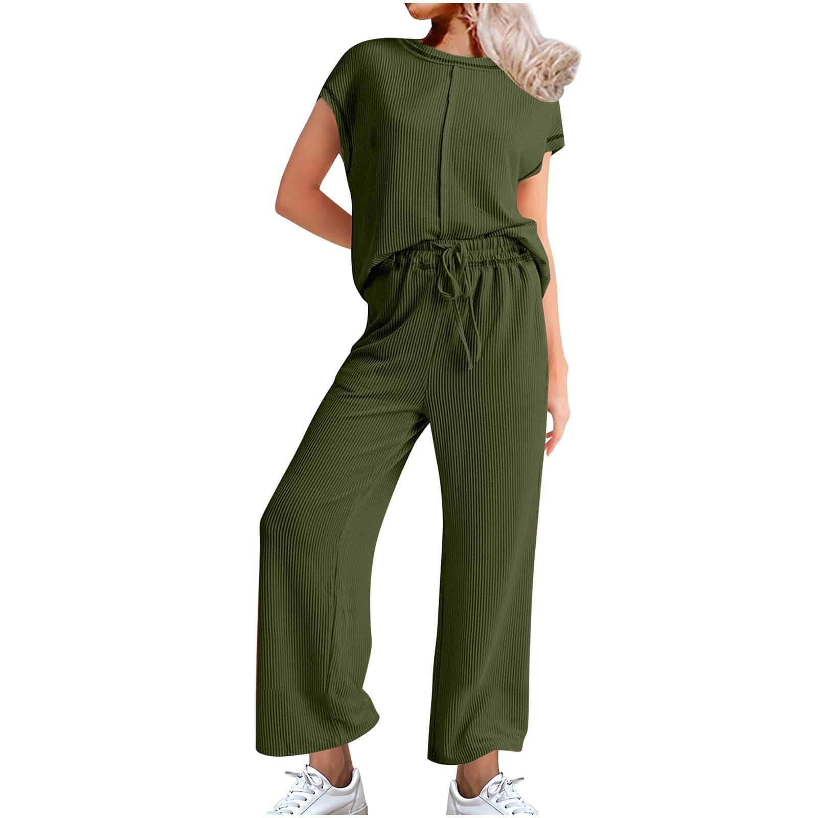 2 Piece Sets for Women Short Sleeve Crewneck Blouse Wide Leg Loose ...