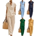 thumbnail image 1 of 2 Piece Sets for Women Short Sleeve Henley Shirt Wide Leg Pants Set Casual Summer Loungewear Sets Beach Outfit, 1 of 4