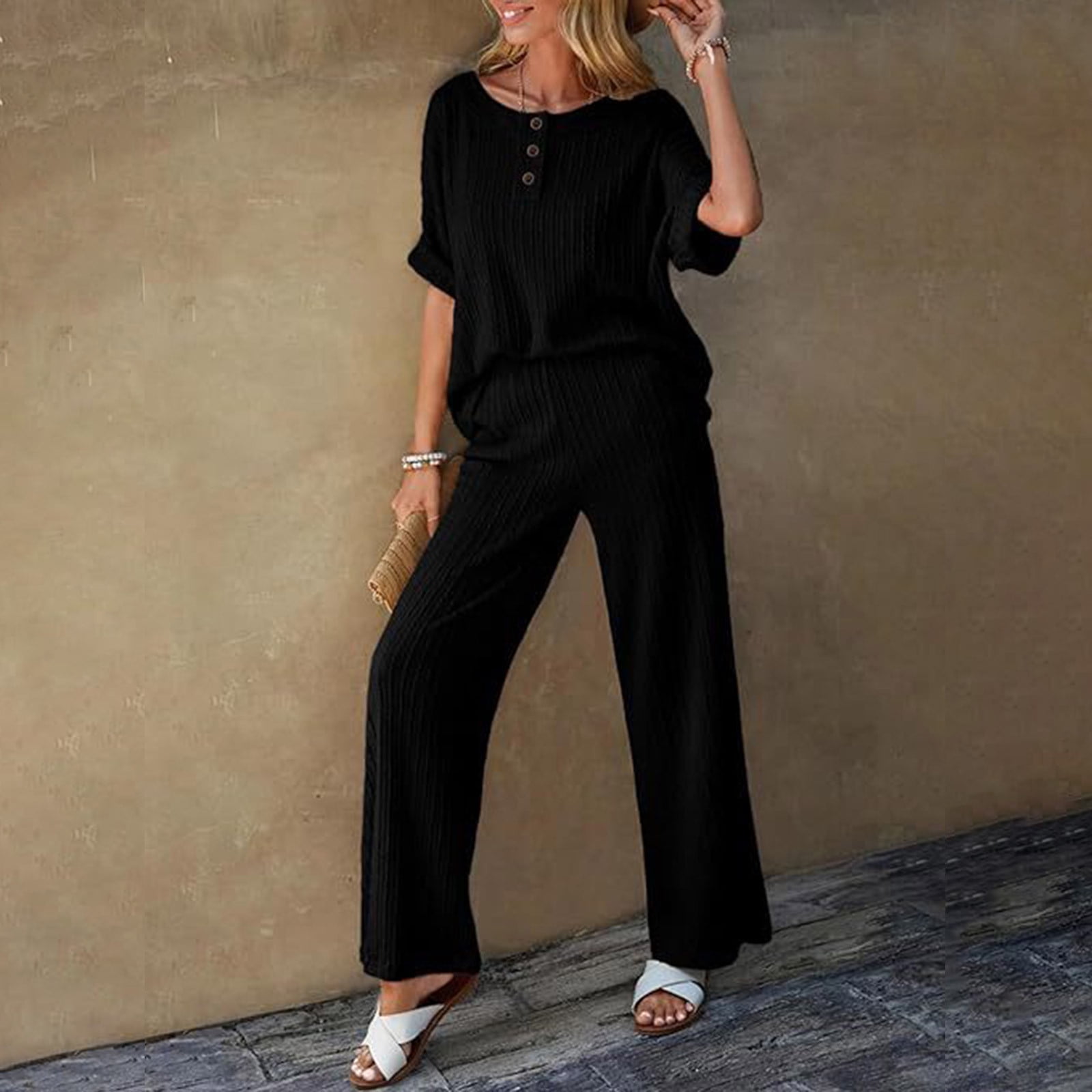 2 Piece Sets for Women Shorts Summer Two Piece Sets for Women Solid Color Round Neck Short Sleeve Tops And Pants Sets With Pockets