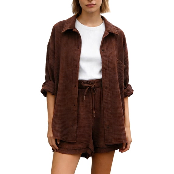 2 Piece Sets for Women Shorts Womens Short Set Summer Sets Women Solid Spring Long Sleeve Shirt High Waist Drawstring Shorts Fashion Summer Outfits