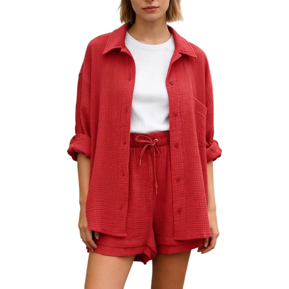 2 Piece Sets for Women Shorts Womens Short Set Summer Sets Women Solid Spring Long Sleeve Shirt High Waist Drawstring Shorts Fashion Summer Outfits