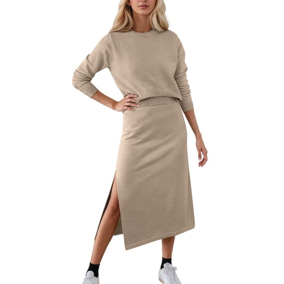 2 Piece Sets for Women Skirt and Top Fall Fashion Striped Sweater Midi Dress Knit Travel Outfits Khaki S