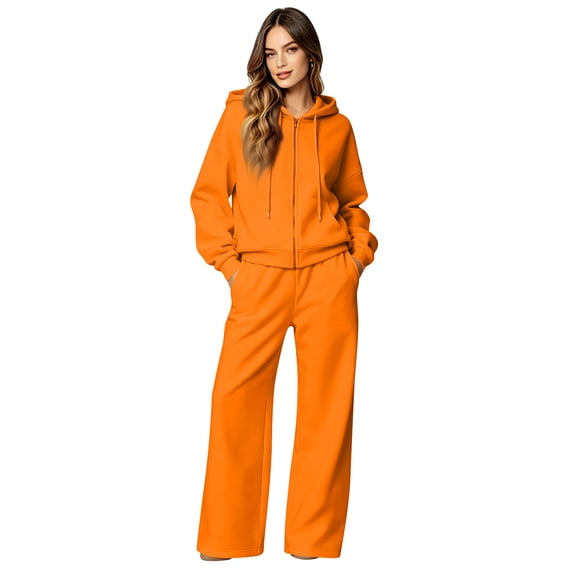 2 Piece Sets for Women Soft Wide Leg Sweatpants Matching Long Sleeve Zip Up Hoodies Cute Fall 2026 Sweatsuits with Pockets Orange L