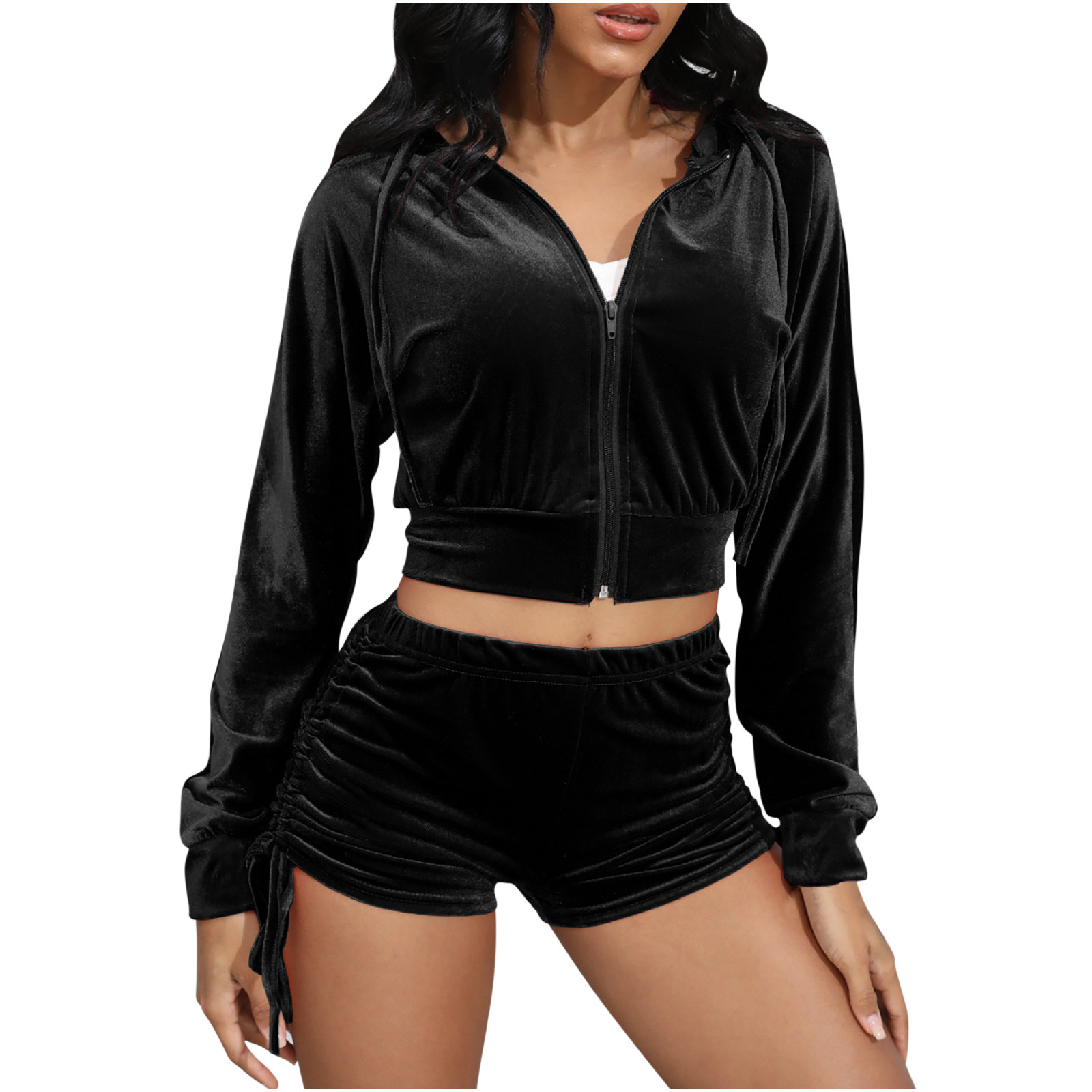 2 Piece Sets for Women Solid Color Sweatsuit Velour Tracksuits Womens Zip Hoodie Shorts Set Long Sleeve Track Suits (Black L)