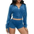 thumbnail image 1 of 2 Piece Sets for Women Solid Color Sweatsuit Velour Tracksuits Womens Zip Hoodie Shorts Set Long Sleeve Track Suits (Blue L), 1 of 5