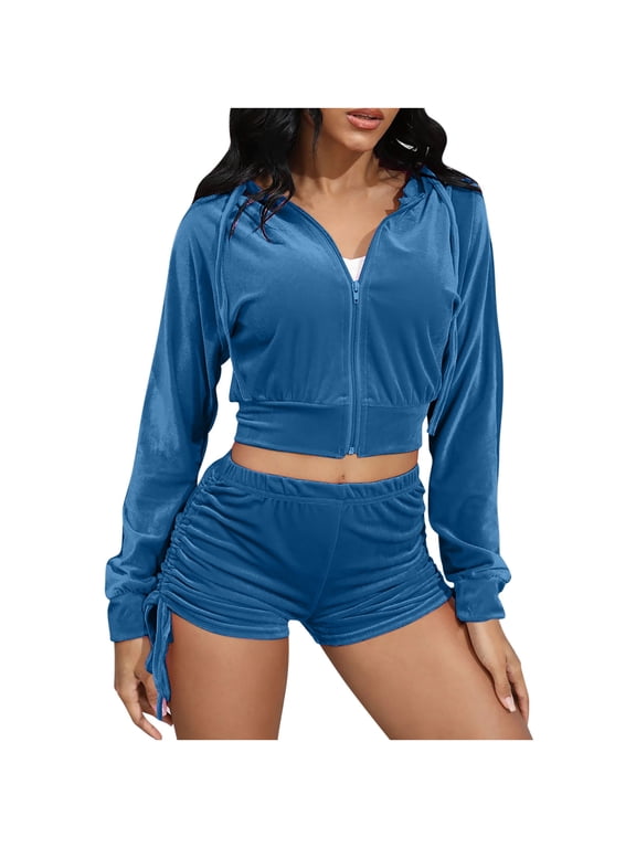 2 Piece Sets for Women Solid Color Sweatsuit Velour Tracksuits Womens Zip Hoodie Shorts Set Long Sleeve Track Suits (Blue L)