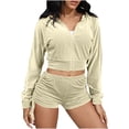 thumbnail image 1 of 2 Piece Sets for Women Solid Color Sweatsuit Velour Tracksuits Womens Zip Hoodie Shorts Set Long Sleeve Track Suits (Khaki L), 1 of 1