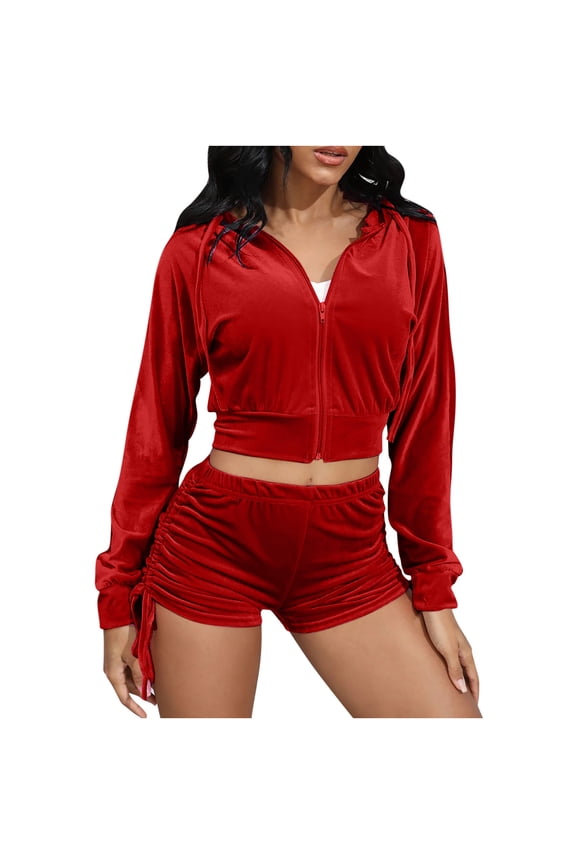 2 Piece Sets for Women Solid Color Sweatsuit Velour Tracksuits Womens Zip Hoodie Shorts Set Long Sleeve Track Suits (Red S)